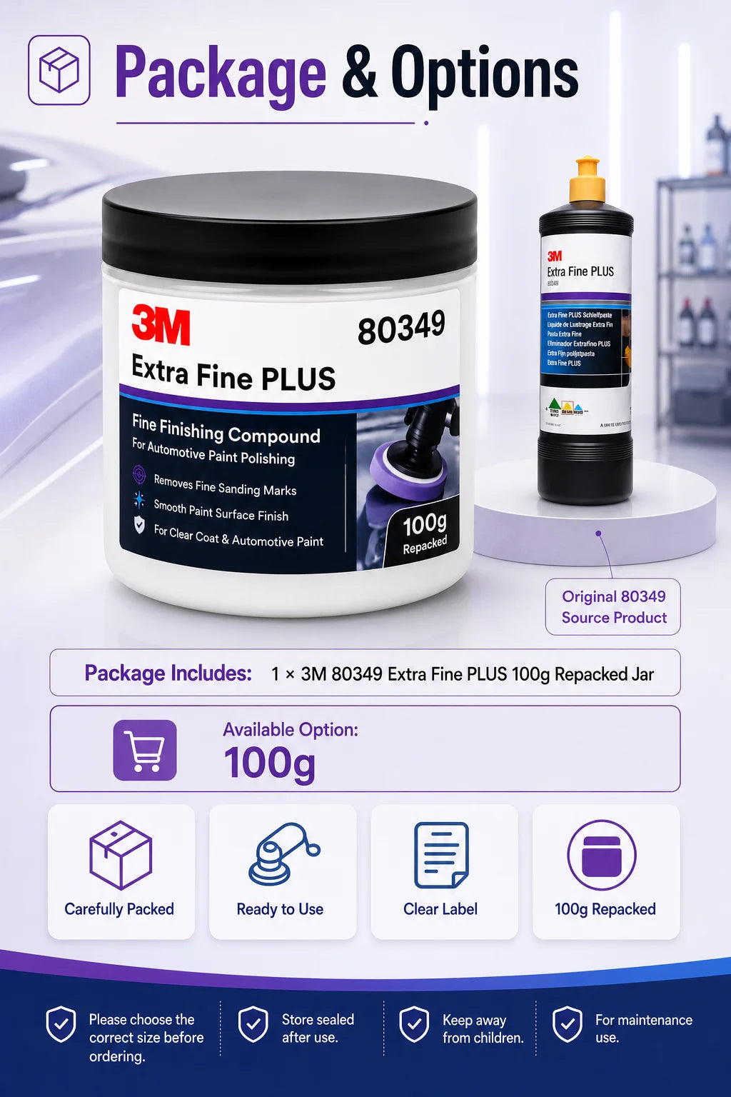 Composto Lucidante Professionale 3M 80349 Extra Fine Plus per Vernice Auto, Rimozione Graffi Sottili, Dettagliatura Finitura Trasparente, 100g Riconfezionato