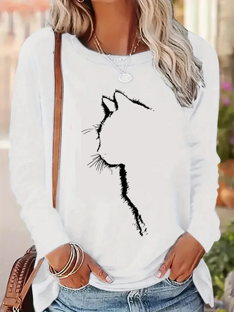 Maglietta a maniche lunghe con stampa di gatti in stile kawaii, maglietta vintage con stampa alla moda, maglietta da donna con stampa, top con scollo rotondo, t-shirt.