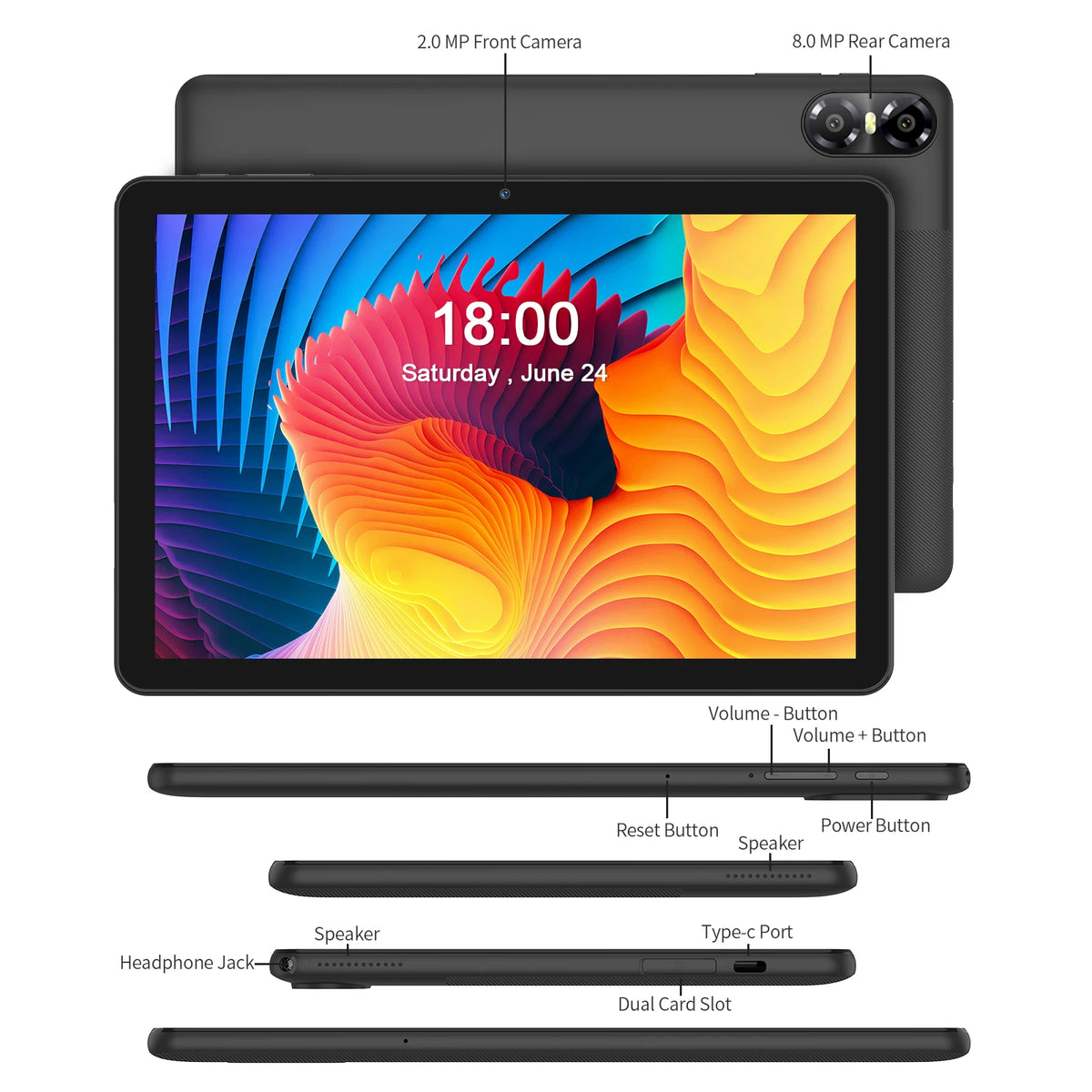Tablet Android da 10.1" con Processore Octa-core, 16GB (4+12GB Virtuali) di RAM, 64GB di ROM, Schermo Touch HD IPS, Wi-Fi 6, BT 5.0, Doppia Fotocamera