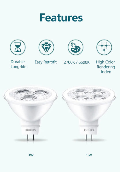Philips 4 pezzi CorePro LED MR16 3W(=35W) 5W(=50W) Lampadina riflettente 12V GU5.3 24D Spot Light 2700K 6500K Bianco Hotel Negozi Lampade