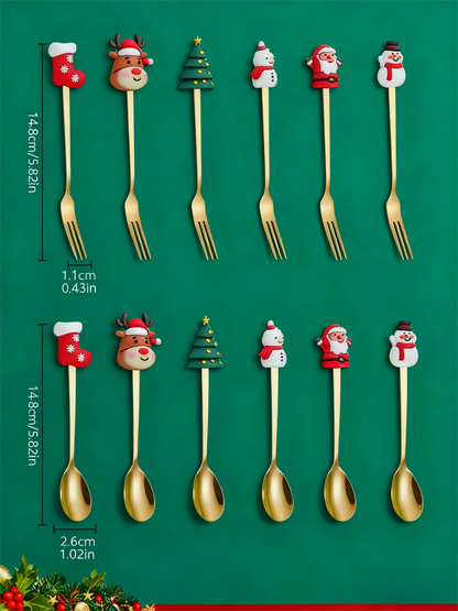 Set di posate da 12/6 pezzi in acciaio inossidabile a tema natalizio, cucchiai da caffè, forchette da dessert e cucchiai per la tavola delle festività