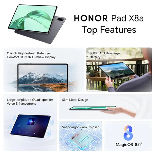 HONOR Pad X8a, Tablet Versione EU, Schermo da 11 Pollici ad Alto Refresh Rate con Protezione Occhi, Batteria da 8300mAh, Quattro Altoparlanti, Design Sottile in Metallo, Tablet Android HONOR