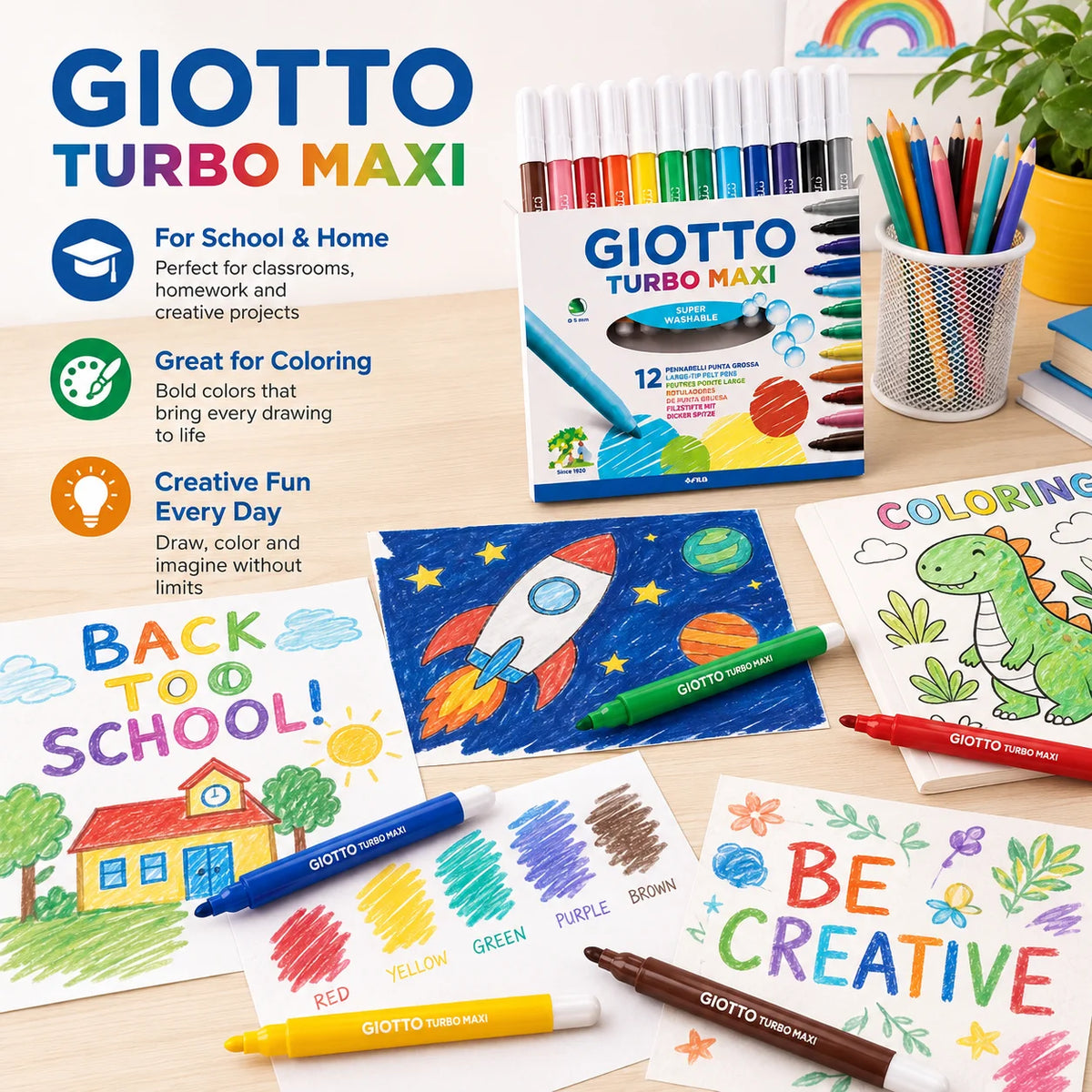 Pennarelli Lavabili GIOTTO Turbo Maxi 12 Colori Punta Larga 5mm per Disegno e Colorazione Bambini Scuola Arte