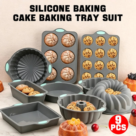 Set da 9 stampi in silicone per la preparazione di dolci, teglie antiaderenti per torte con manici antiscivolo, vassoio flessibile resistente al calore per muffin, stampi a forma di fiore e a forma di panettone, utensili da f