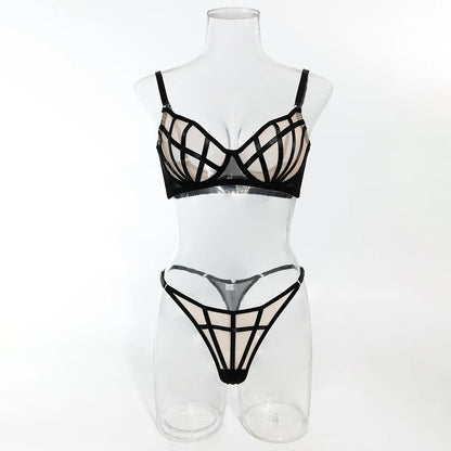 Saldi di liquidazione: Completi intimo sexy a quadri irregolari, 2 pezzi, con inserti in rete trasparente, reggiseni e perizomi, abiti erotici intimi