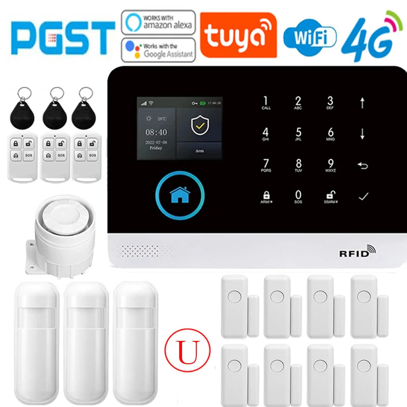Sistema di allarme domestico PGST, 4G, WIFI, GSM, allarme di sicurezza, antifurto con sensore di movimento per porte, controllo tramite l'app Tuya Smart, compatibile con