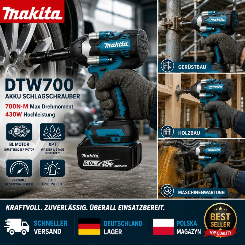 Avvitatore a impulsi Makita DTW700 a batteria 18V Brushless 700Nm, pistola a impulsi elettrica ad alta coppia con attacco da 1/2 pollice, velocità variabile, Auto-Stop per BL1830 BL1840 BL1850 BL1860B, spedizione rapida UE