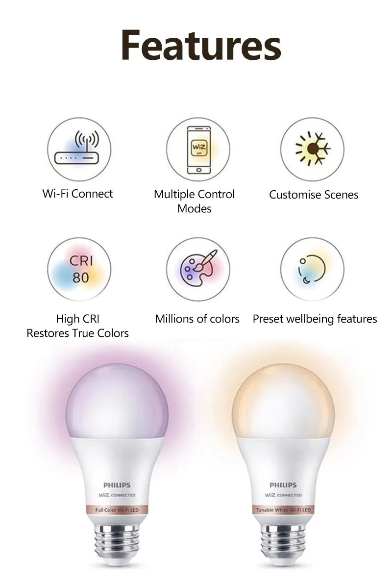 Philips 2PCS LED Smart E27 Lampadine WiZ 8.5W Wi-Fi e Bluetooth 220-240V Full Color EyeComfort Luce smerigliata dimmerabile A Lampade