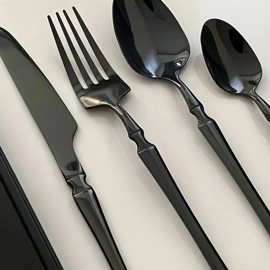 Set di posate in acciaio inossidabile nero da 40/60 pezzi, lucidato a specchio, include forchette da tavola, coltelli da bistecca e cucchiai da zuppa, adatto per