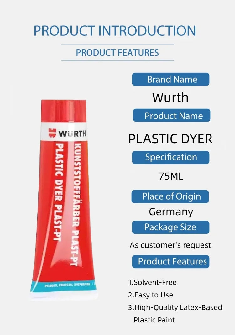 Rinnovatore per plastica nera Wurth Plast-PT, ripristinatore per finiture auto, vernice per paraurti e finiture esterne, detailing auto 75ml