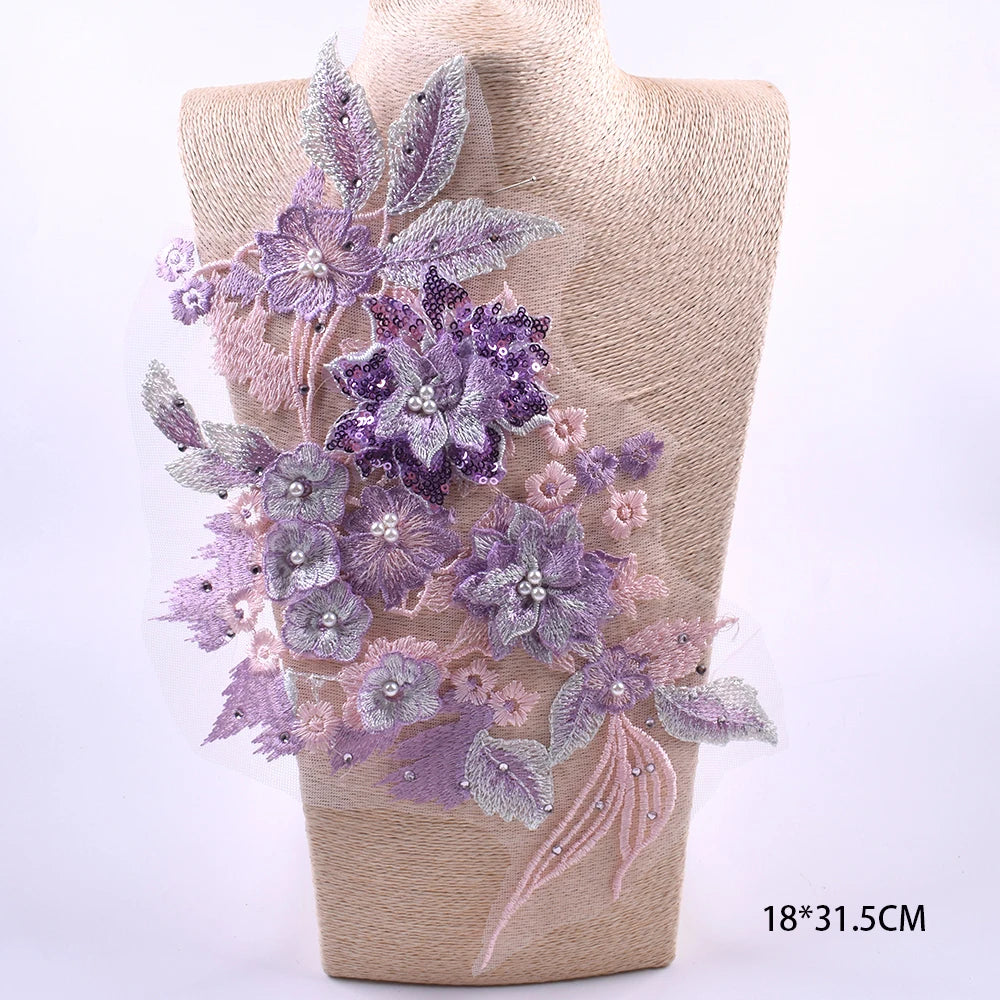 Tessuto per toppe ricamate con fiori eleganti viola per abiti, tende per la casa, accessori per abbigliamento da festa, riparazioni di applique per cucire