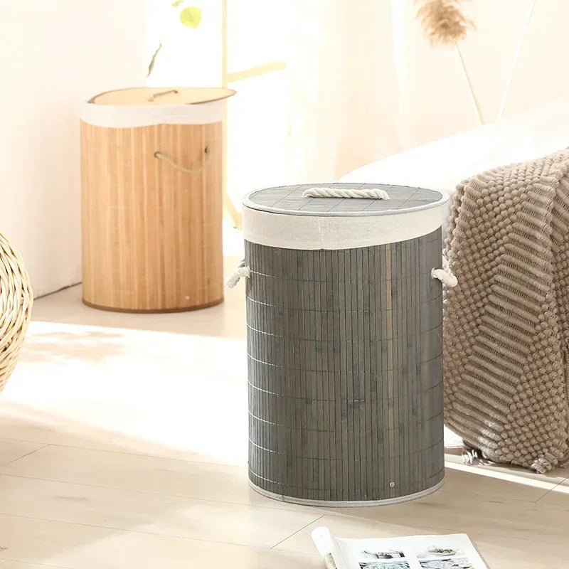 Cesto per Bucato Pieghevole di Grande Capacità, Contenitore in Bambù Rotondo per Organizzare Vestiti, Cesto Compatto per la Casa