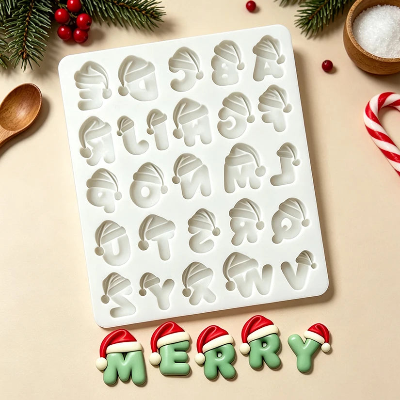 Stampo in silicone a forma di cappello di Babbo Natale con alfabeto e numeri per decorazioni in zucchero, resina, cupcake, pasticceria e decorazione di torte