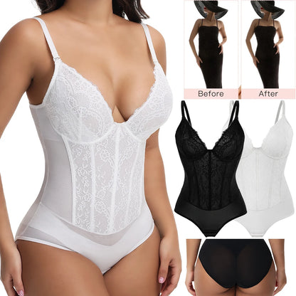 Body modellante in pizzo da donna con ferretto, controllo della pancia, modellante per tutto il corpo, corsetto con scollo a V, top, tuta, slip, lingerie, abbigliamento sexy