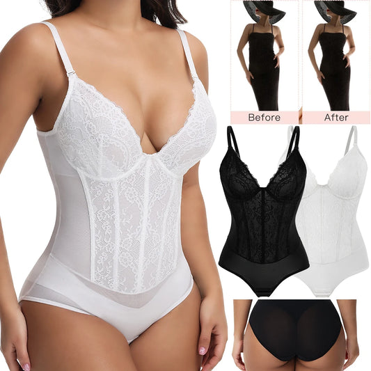 Body modellante in pizzo da donna con ferretto, controllo della pancia, modellante per tutto il corpo, corsetto con scollo a V, top, tuta, slip, lingerie, abbigliamento sexy