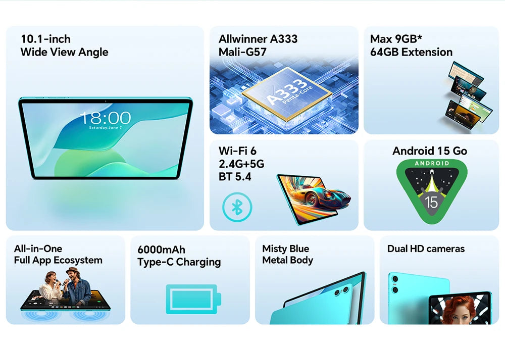 Teclast P33 Tablet Android 15 10.1" 9 GB di RAM (3 GB + 6 GB) 64 GB di ROM Allwinner A333 Custodia all-in-one/Tastiera/Mouse/Stilo/Cuffia