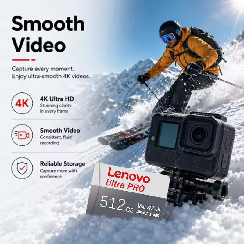 Scheda di memoria MicroSD ad alta velocità Lenovo, scheda TF, 1T, 128GB, 256GB, 512GB, classe A2, stabile, per registrazioni 4K, compatibile con DJI Pocket4 Action Cam.