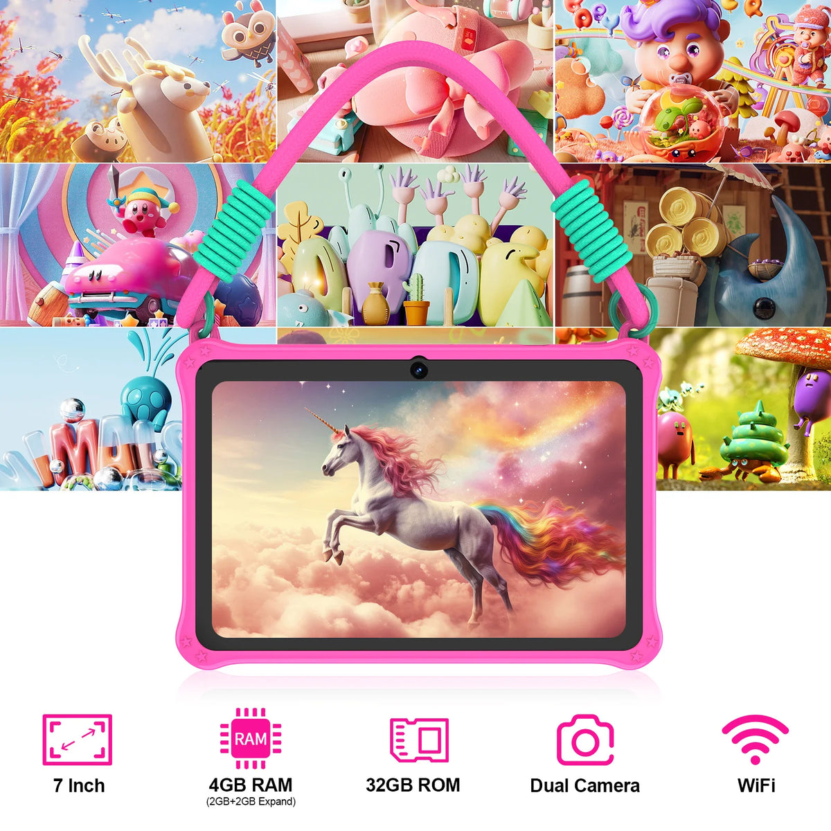 PRITOM Kids Tablet da 7 pollici Android 13 4 GB (2+2 espandibile) RAM 32 GB ROM WiFi Bluetooth Software di apprendimento installato con cordino