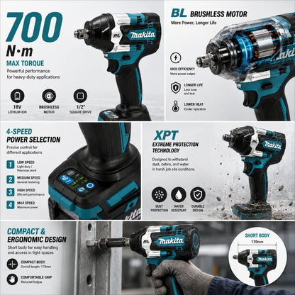 Avvitatore a impulsi Makita DTW700 18V senza fili, brushless, 700 Nm, professionale, con attacco quadrato da 1/2 pollice, velocità variabile, Auto-Stop, compatibile con batterie Makita LXT BL1830 BL1840 BL1850 BL1860B - Maga