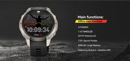 2026 NUOVO Smartwatch con Mappe Offline per Uomo, Display AMOLED HD da 1,43 Pollici, GPS Esterno Integrato, Bussola, Altimetro, Impermeabile 5ATM, Orologio Sportivo per Nuoto, Ciclismo e Corsa