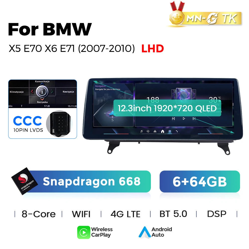 Sistema Multimediale Intelligente MEKEDE con CarPlay Wireless e Android Auto per BMW X5 E70 X6 E71, Schermo QLED da 10.25/12.3 Pollici, Android 14, CPU Snapdragon, Radio e Navigazione GPS per Auto