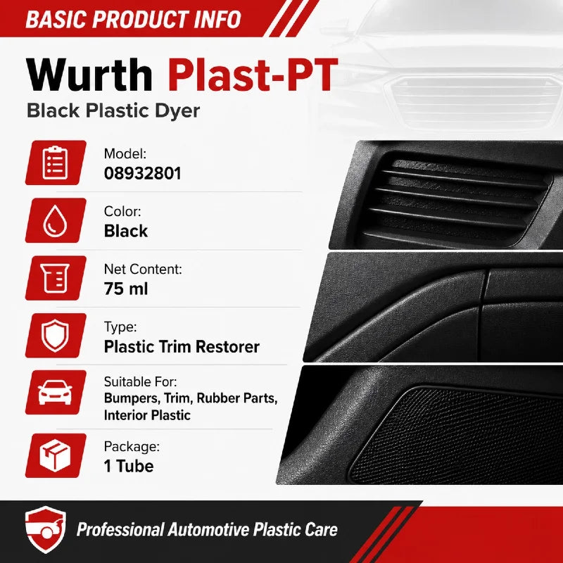 Rinnovatore per plastica nera Wurth Plast-PT, ripristinatore per finiture auto, vernice per paraurti e finiture esterne, detailing auto 75ml