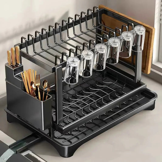 Scolapiatti da Cucina Smontabile con Vassoio di Raccolta, Organizzatore da Banco con Supporto per Ciotole e Piatti