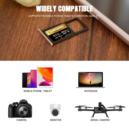 Scheda di memoria Micro SDXC TF Lenovo, alta velocità di trasferimento, UHS-I C10 U3, 64 GB, 128 GB, 256 GB, 512 GB, 1 TB, per PC, laptop e telecamere di sorveglianza.
