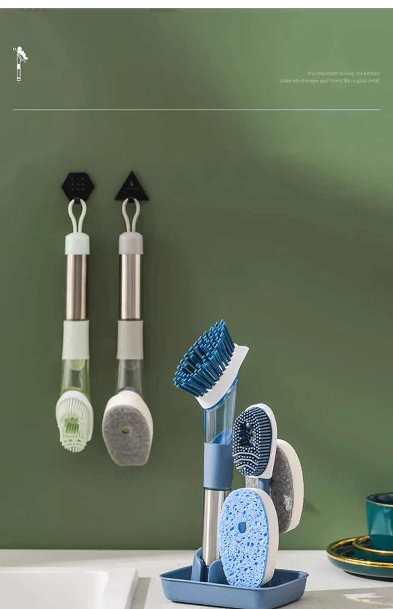 Strumenti per la pulizia della cucina Manico lungo Spazzola per piatti Dispenser di sapone liquido Detergente Spazzola per piatti Spugna per piatti Salviette per lavare i piatti