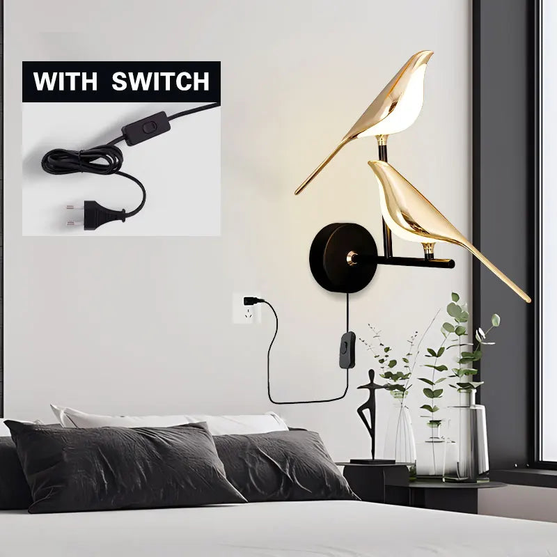 Lampade da Parete LED Girevoli a Forma di Uccello Magpie con Spina EU/US per Comodino, Camera da Letto, Lampade da Parete Nordiche, Applique per Cucina e Sala da Pranzo