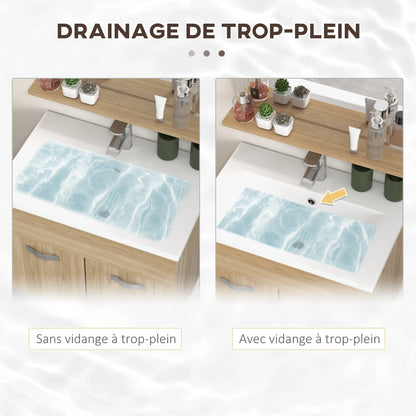 Set da bagno 4 pezzi con mobiletto alto, specchio, lavabo e lavello a parete, finitura naturale
