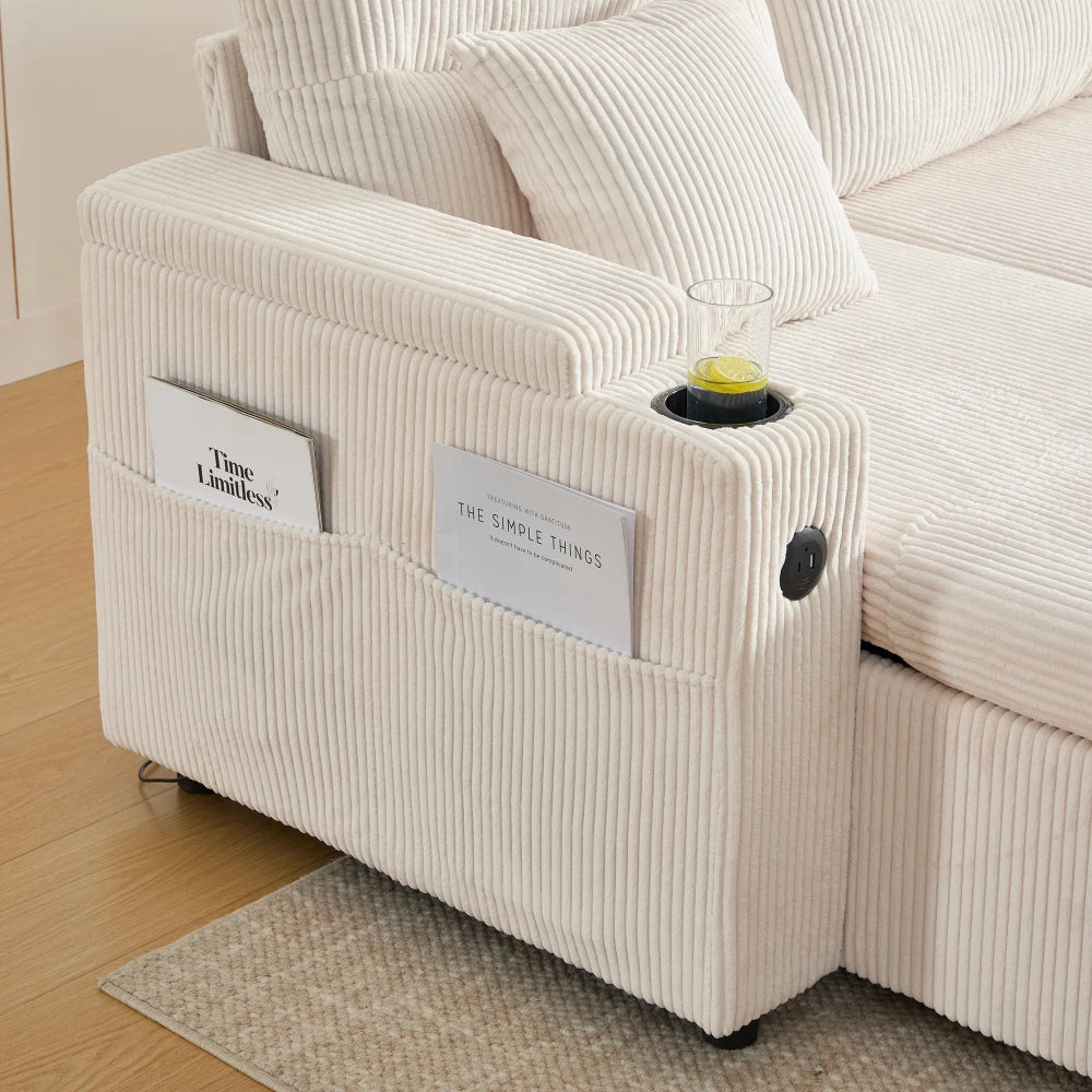 Divano in Velluto a 4 Posti con Vano Portaoggetti Integrato e Portabevande, Divano Moderno con Porte USB e Funzione Letto Estensibile