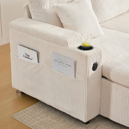 Divano in Velluto a 4 Posti con Vano Portaoggetti Integrato e Portabevande, Divano Moderno con Porte USB e Funzione Letto Estensibile