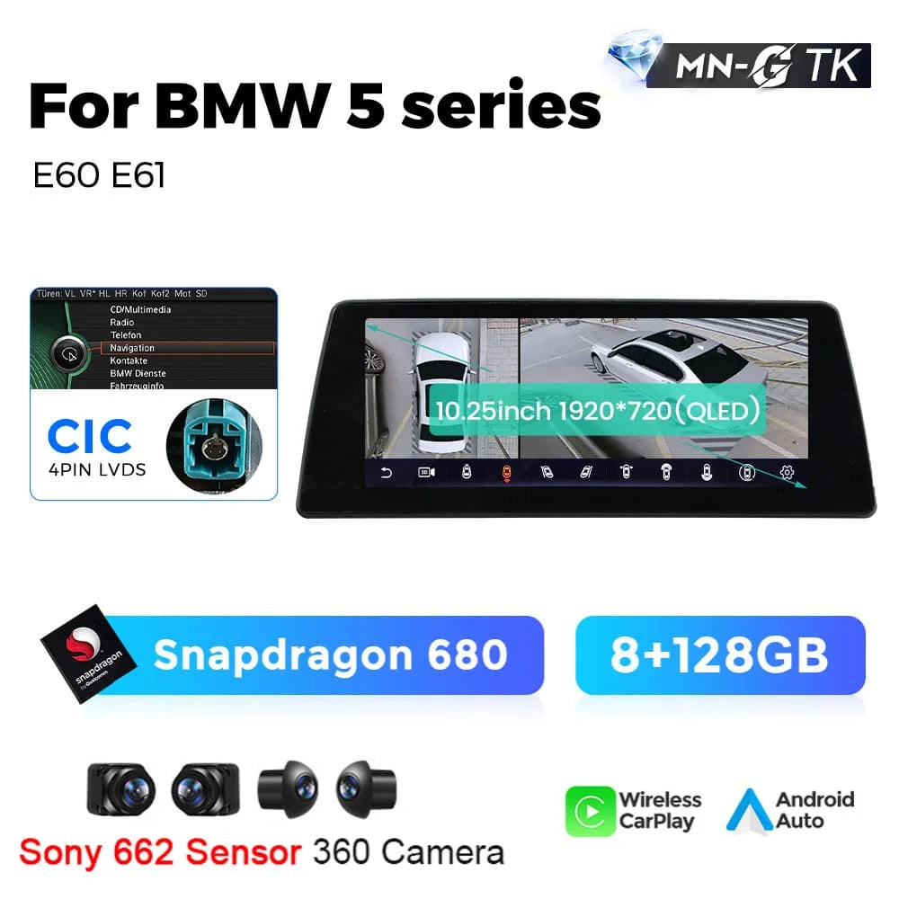 Mekede 10.25/12.3 pollici QLED Android 14 Snapdragon 128GB ROM CarPlay Wireless Auto Multimedia per BMW Serie 5 E60 E61 E62 E63 E64 Sistema CCC CIC Navigazione GPS Doppio BT 4G WiFi DSP