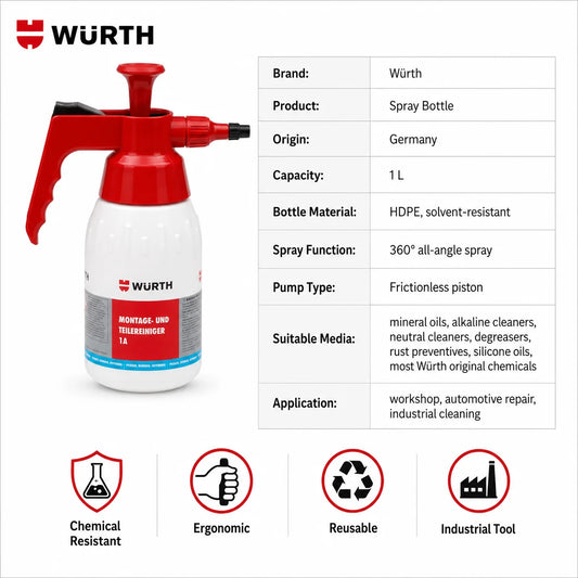 Spray Resistente agli Agenti Chimici Wurth, Flacone con Ugello Regolabile, Spruzzatore a Pressione per Pulizia Auto, Sgrassatore per Uso in Officina