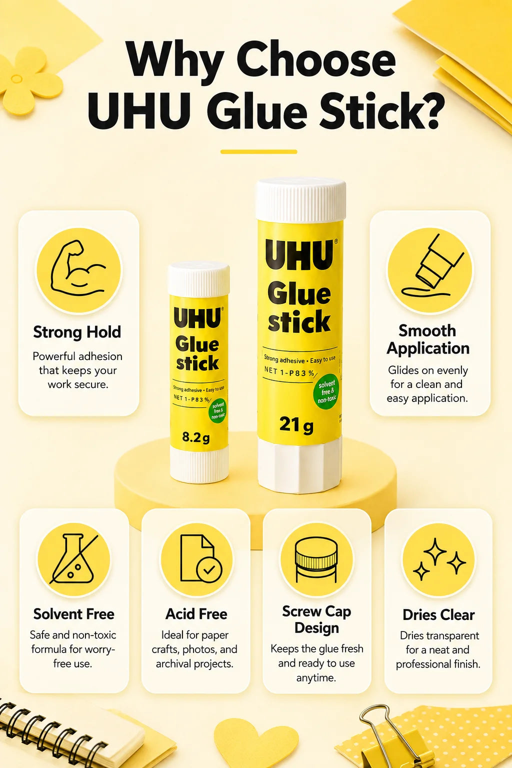 Colla stick UHU 8.2g 21g, colla solida forte, senza disordine, per scuola, ufficio, artigianato, carta.