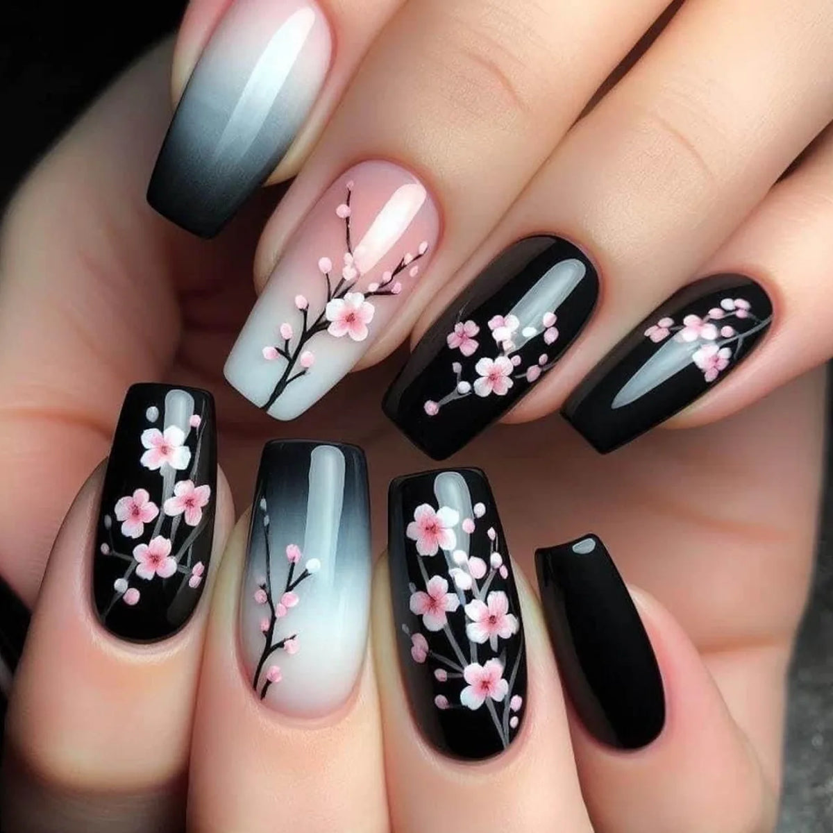24 pezzi Stampa sulle unghie Design floreale Balletto di media lunghezza Unghie finte Moda Marrone Copertura completa Suggerimenti per manicure Set di unghie finte danneggiabili