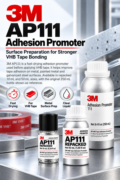 3M AP111 Promotore di Adesione, Primer per Nastro VHB ad Asciugatura Rapida, Preparazione Superficie per Metallo, Acciaio Verniciato e Zincato, Uso Automobilistico, 10ml 50ml