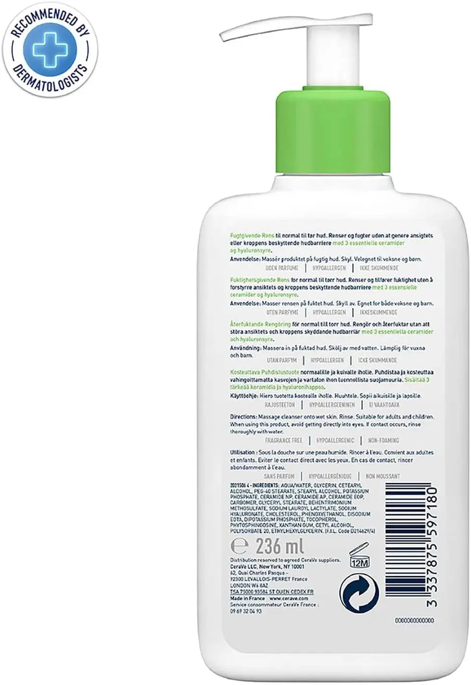 Detergente Idratante CeraVe 236ml, Detergente Delicato Multiuso per Viso e Corpo con Pelle Normale o Secca, Senza Profumo