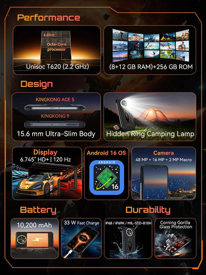 Telefono robusto Cubot KingKong ACE 5, Android 16, RAM espandibile 20GB(8+12) + ROM 256GB, Batteria 10200mAh, Schermo 6,745" 120Hz, Fotocamera 48MP, NFC, Torcia LED 1A