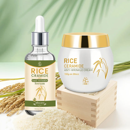 Set di 2 prodotti per la cura del viso anti-rughe a base di riso, contiene 130g di crema e 50ml di essenza per idratazione giorno e notte e rassodamento, cura della pelle anti-rughe che rende la pelle più giovane.