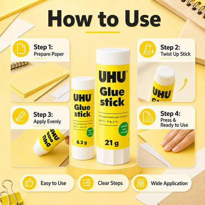 Colla stick UHU 8.2g 21g, colla solida forte, senza disordine, per scuola, ufficio, artigianato, carta.