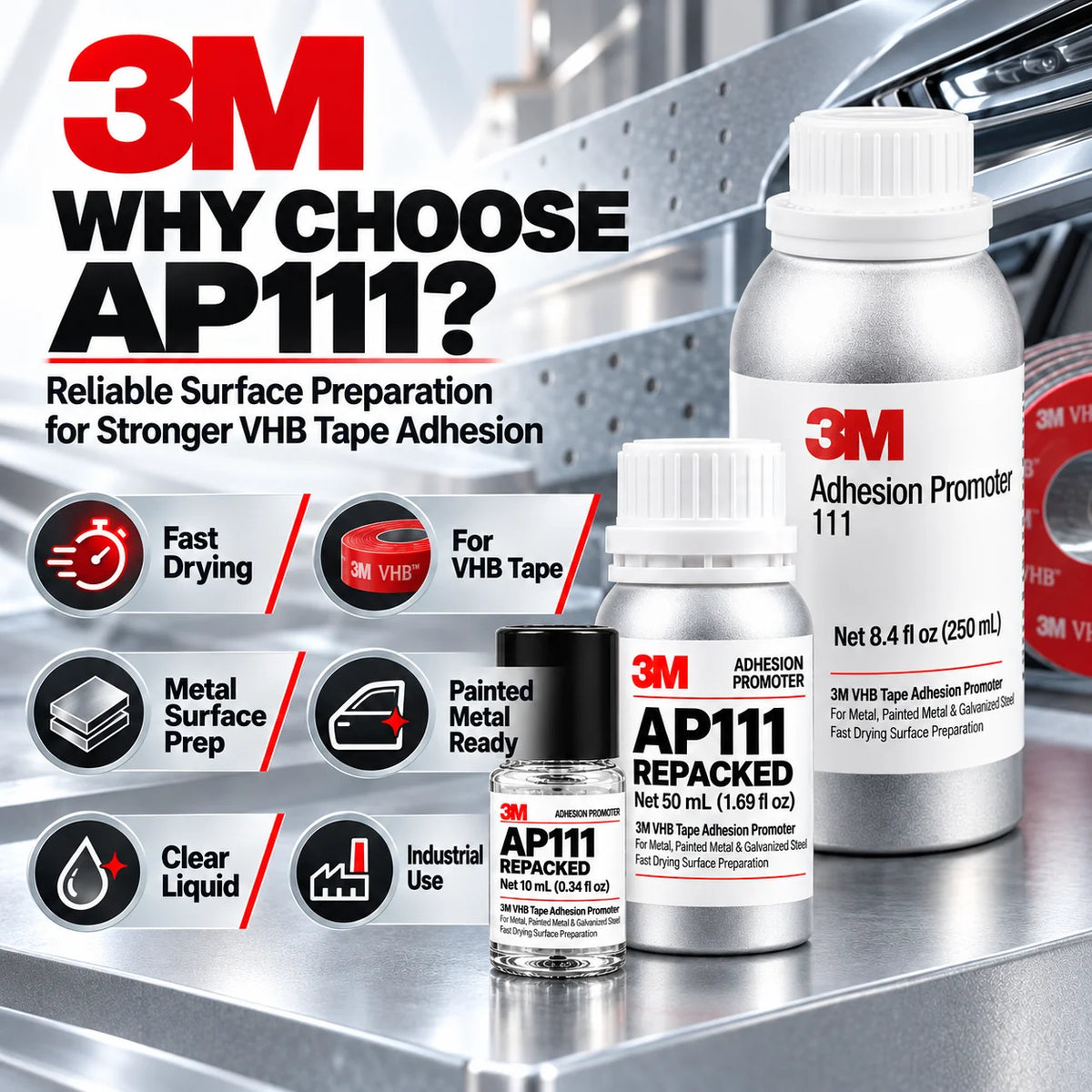 3M AP111 Promotore di Adesione, Primer per Nastro VHB ad Asciugatura Rapida, Preparazione Superficie per Metallo, Acciaio Verniciato e Zincato, Uso Automobilistico, 10ml 50ml