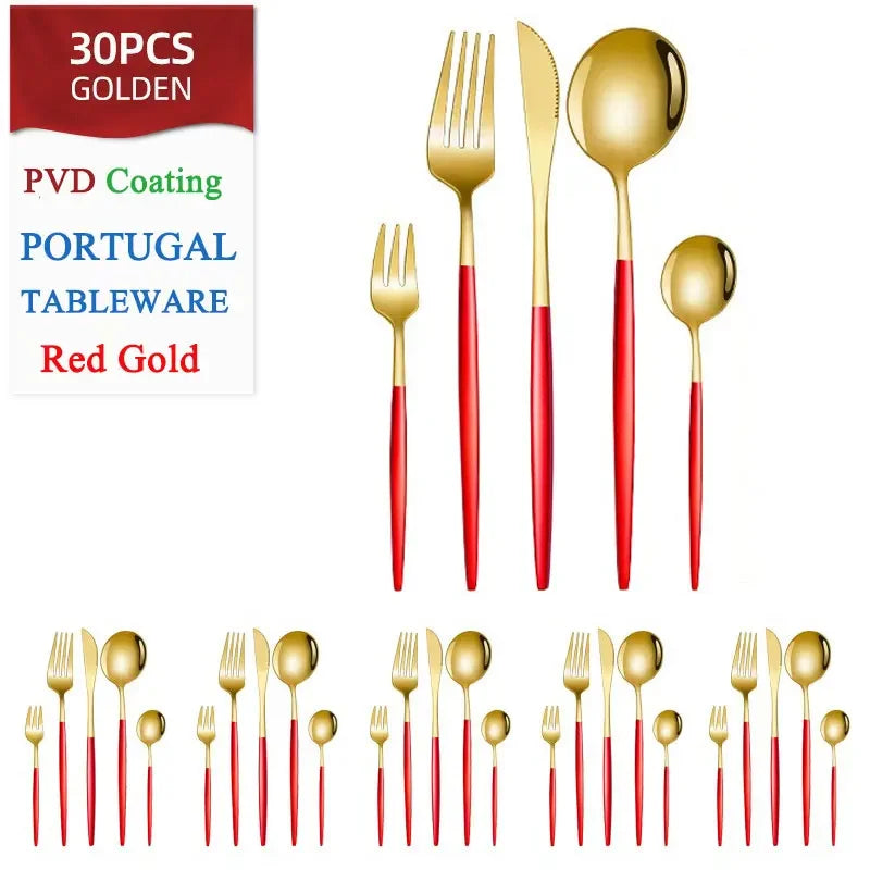 Set di posate dorate da 30 pezzi in acciaio inossidabile, coltelli, forchette, cucchiai, set di stoviglie per banchetti, ristoranti e ospiti