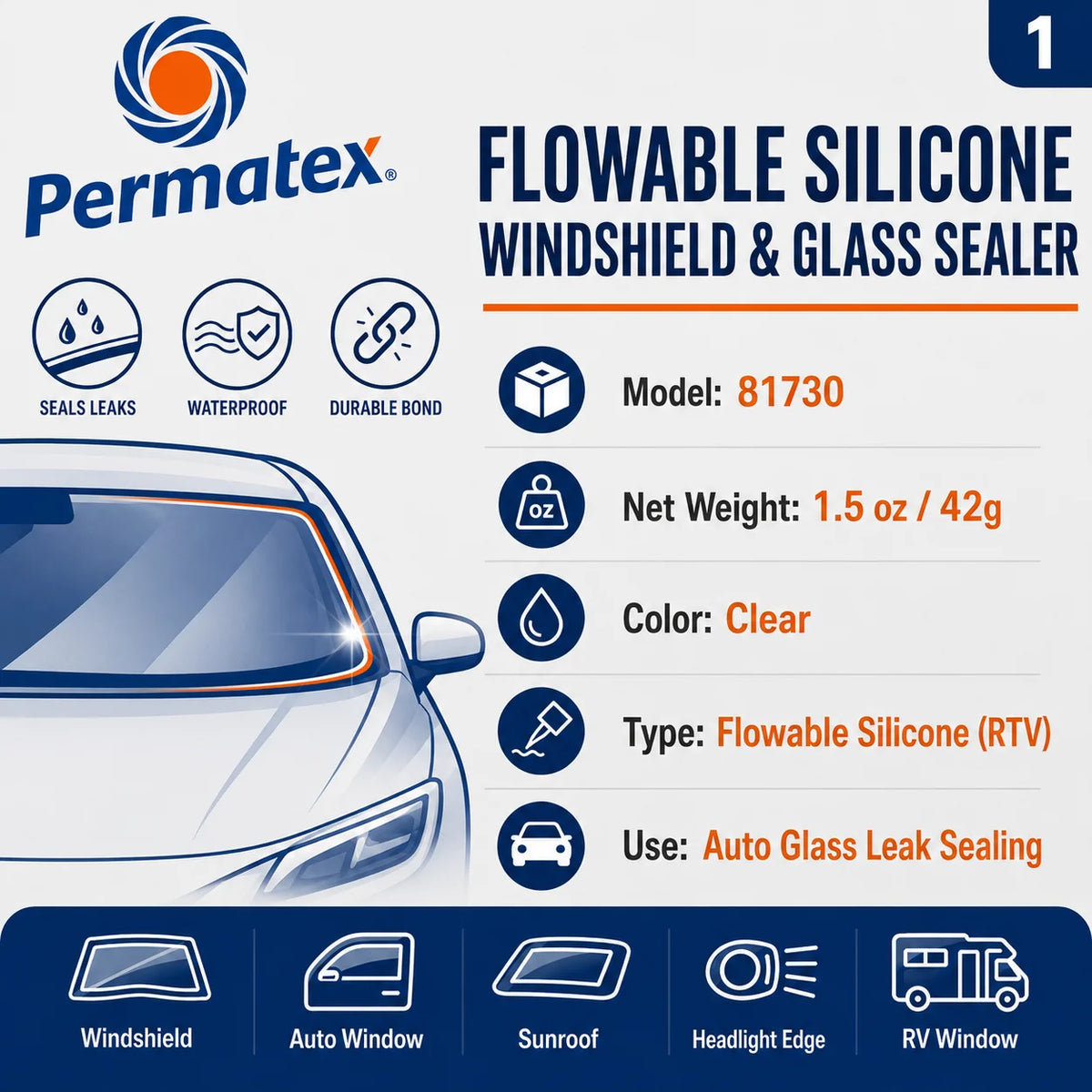 Permatex 81730 Sigillante Siliconico Fluido Trasparente Impermeabile per Parabrezza Auto, Riparazione Perdite Finestrini, Tettuccio e Fari