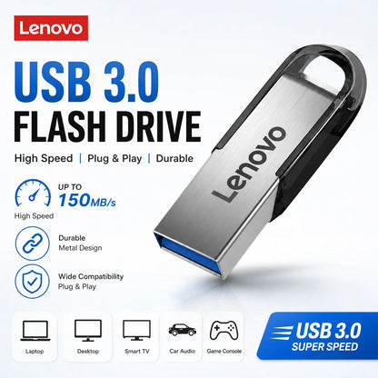 Chiavetta USB 3.0 ad alta velocità Lenovo - Chiavetta portatile in metallo, disponibile in diverse capacità: 256 GB, 1 TB, 128 GB, 64 GB, 512 GB, per l'archiviazione di dati.
