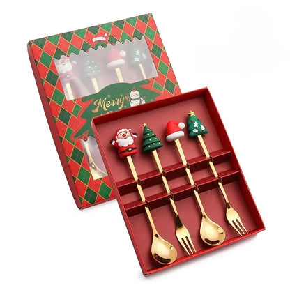Set cucchiaio e forchetta natalizio in acciaio inossidabile caffè tè utensili da dessert confezione regalo design albero di Babbo Natale facile da pulire     6/4/2/1PZ