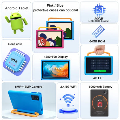 Koomdigi T30 Pro-K Tablet Android 13 da 10,1", 20GB di RAM (4GB+16GB estesi), 64GB di ROM, Chiamate 4G LTE, Wi-Fi Dual-Band, Display IPS 1280×800, Processore Octa-Core MTK, Batteria da 5000mAh, Doppia Fotocamera, Custodia in