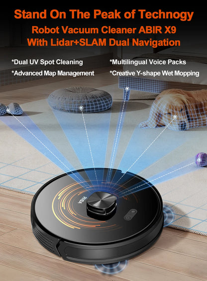 (Codice promozionale: GCC800)Aspiratore Robot ABIR X9, Navigazione Laser, Aspirazione 6500Pa, Mappa Multi-piano, Doppia Lampada UV, Controllo Zone Intelligente, Tecnologia Auto Carpet Boost, Versione di Fascia Alta