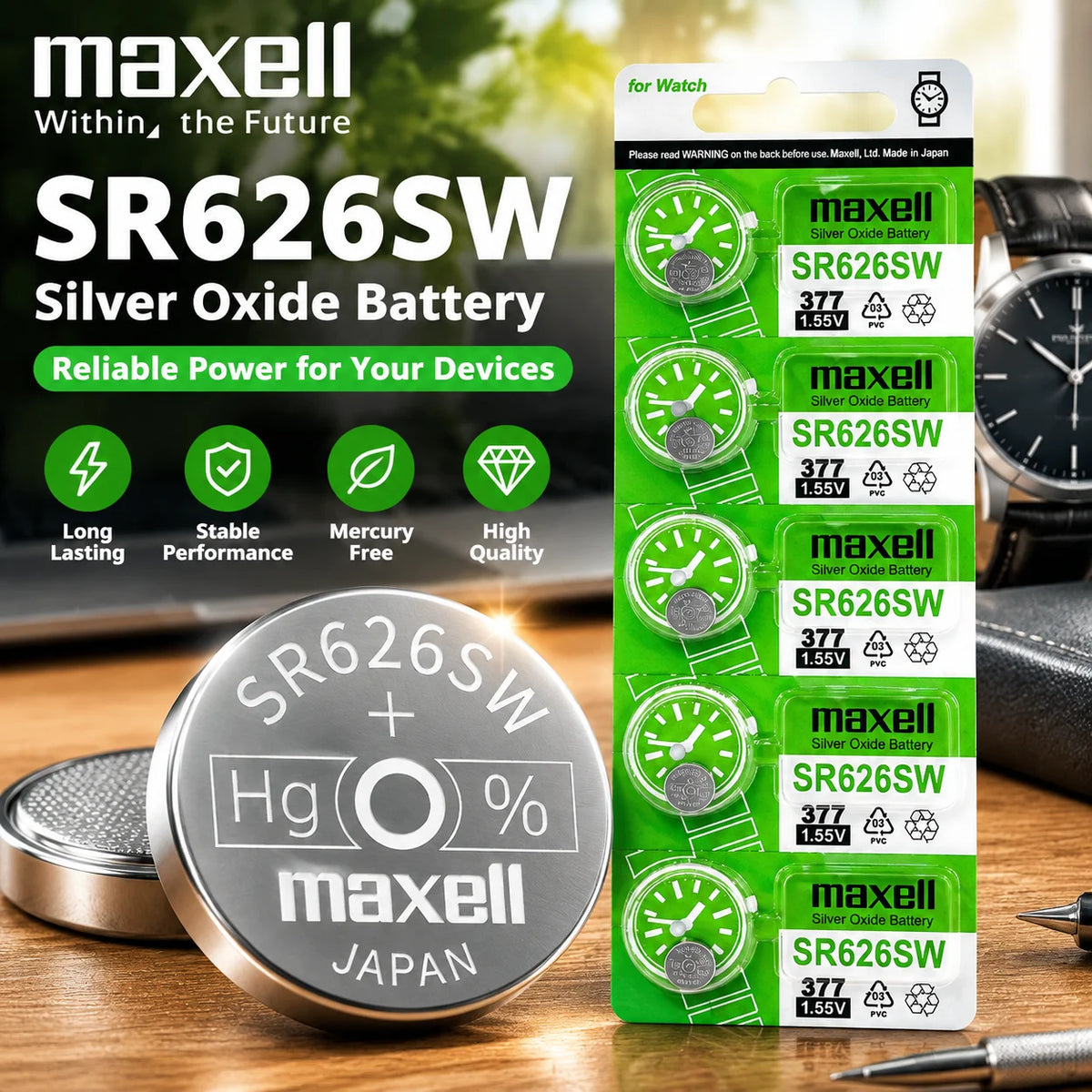 Batteria per orologi Maxell SR626SW, a ossido d'argento, modello 377 AG4, 1,55 V, senza mercurio, a bottone, per orologi da polso.